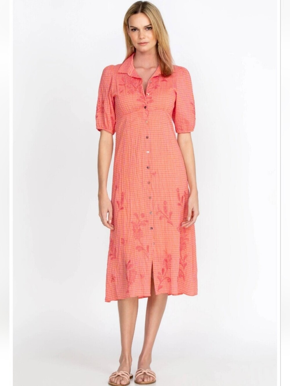 Johnny Was Orla Puff Sleeve Shirt Midi Dress Size XS In Coral
